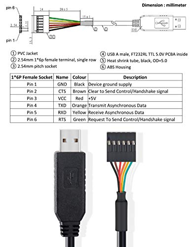 USB to TTL Serial 5V Adapter Cable with FTDI FT232RL Chip 6 Pin 0.1 inch Pitch Female Socket Header UART IC Windows 11 10 8 7 Linux MAC OS (6ft, Black)