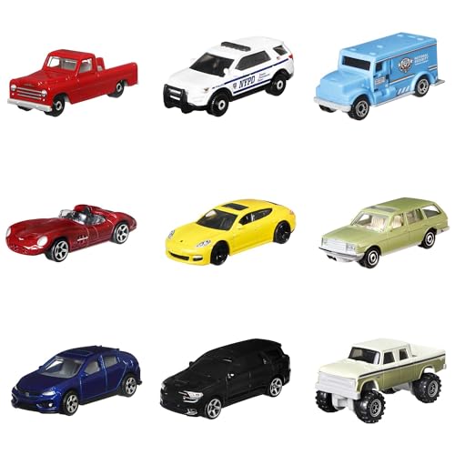 Cars, 9-Pack Die-Cast 1:64 Scale Toy Cars, Construction or Garbage Trucks, Rescue Vehicles or Planes (Styles May Vary).