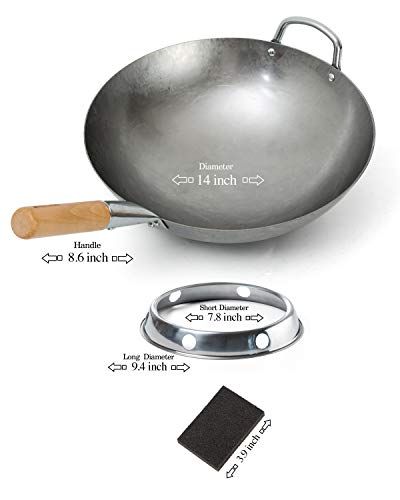 14 Inch Carbon Steel Wok with Wok Ring,Woks and Stir Fry Pans with Sponge, Round Bottom Wok pan for Home and Professional Cooking…