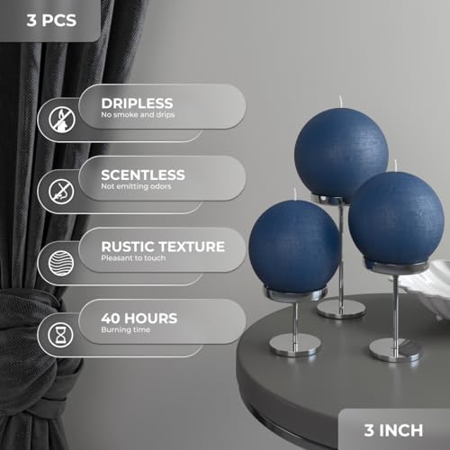 Set of 3 Round Candles Ball 3 inch - Royal Blue Candles Perfect as Wedding Decor and as Sphere Candles for Home Decor - Long Burning Candles Unscented - Navy Blue Candles