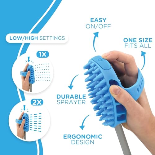 Pro Pet Bathing Tool – Large Sprayer and Scrubber in One – Works with Indoor Shower or Outdoor Garden Hose – for Large Dog and Cat Grooming – Hose and Shower Adapters Included & 8 Foot Hose