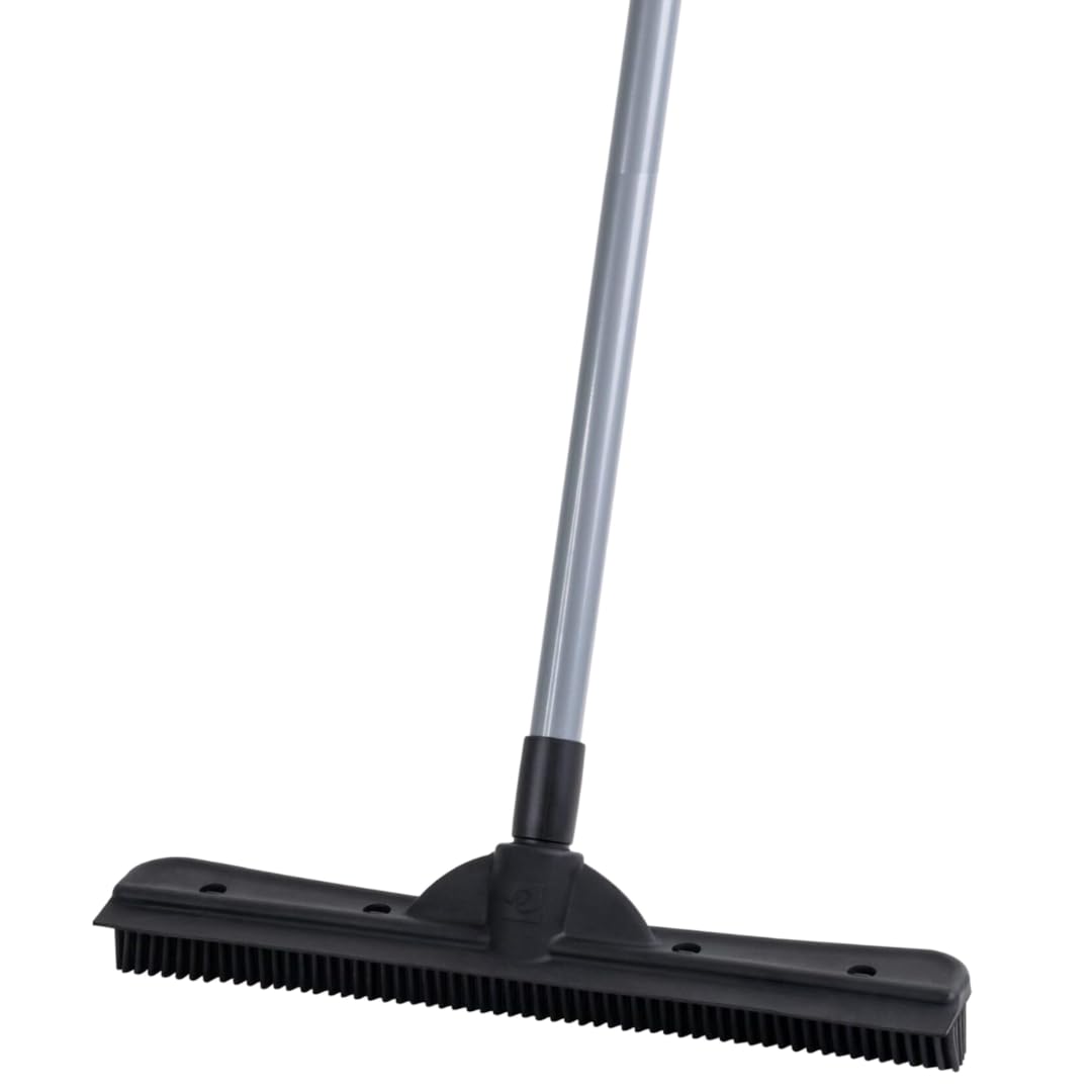 Compact Pet Hair Remover Rubber Broom with Carpet Rake and Squeegee, Gray and Black