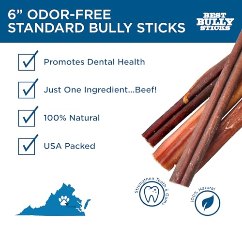 6 Inch Odor-Free Bully Sticks - 20 Count (Pack of 1) - Bulk Bag, Odorless 100% Natural Grass-Fed Beef, Easily Digestible, No Grain or Rawhide, Ideal for Big Breeds