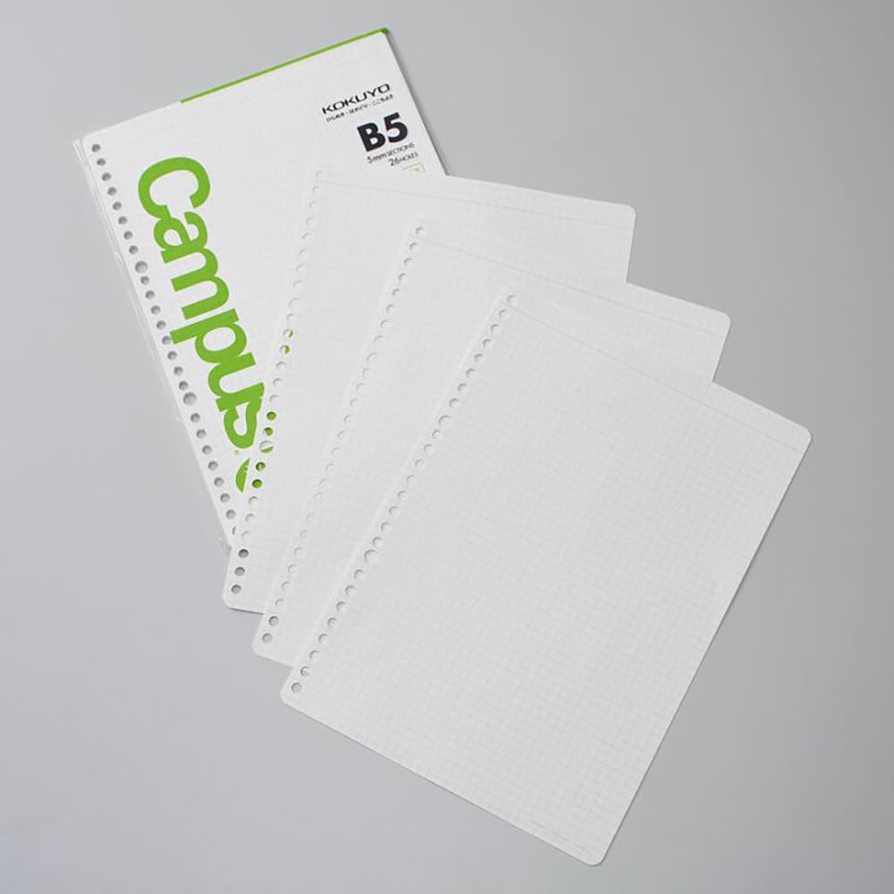 Kokuyo Campus Loose Leaf Paper for Binders, Sarasara Smooth Writing, B5, 5mm Grid Ruled, 26 Holes, 50 Sheets, pH Neutral, Bleed Resistant, 75gsm, Japan Import (NO-837S-5)