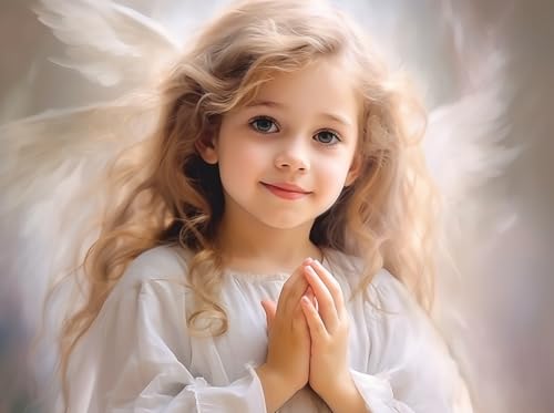 DIY 5D Full Drill Little Angel Girl Wing Picture Landscape Square Diamond Art Painting by Number Kits Religious for Adults &amp; Crystal Rhinestone Cross Stitch for Wall Decor Gift (40x30cm/16x12in)