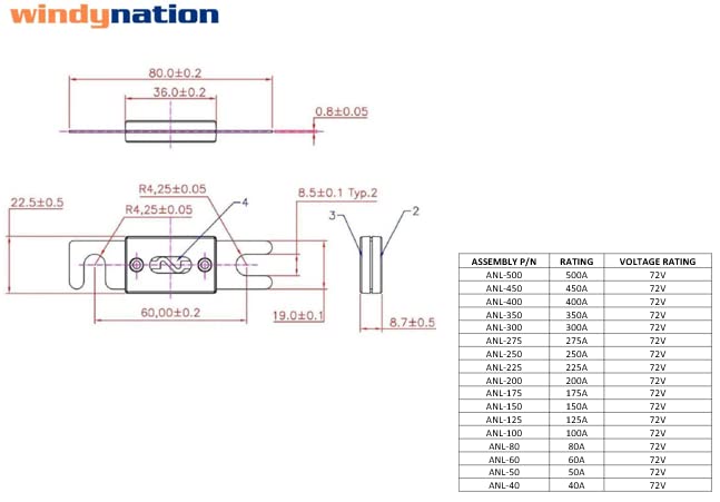WindyNation ANL Fuse Holder + ANL Fuse (2pcs 300A Fuse)