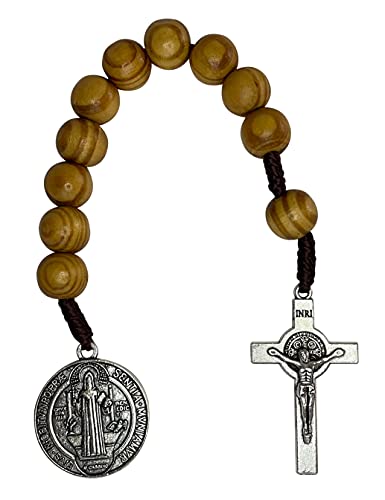 Saint Benedict Medal Prayer Pocket Rosary Catholic Brown Wood Beads San Benito Tenner Open Style One Decade Rosary