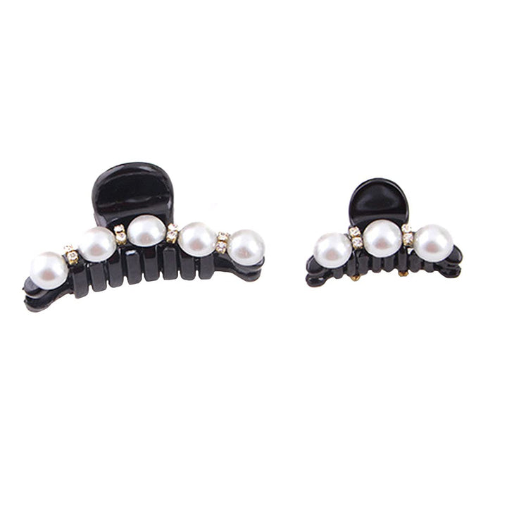 2 Pcs Man-Made Pearl Women Lady Girls Hair Black Clip Pin Claw Barrettes Accessories (1 Big + 1 Small)