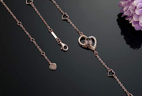 Women Love Heart Projection Bracelet or Anklet Jewelry, 925 Sterling Silver Memory of Love Bracelet or Anklet - 100 Different Languages for I Love You (Rose Gold Anklet/Large Bracelet)
