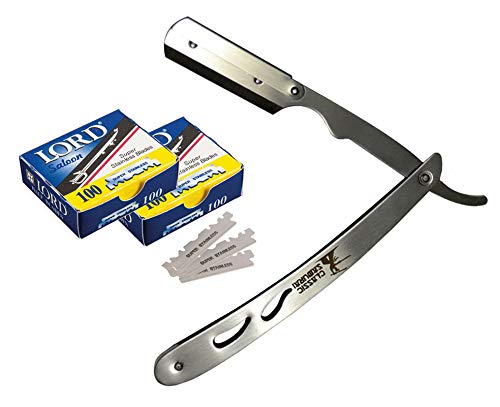 CS-102 Stainless Steel Professional Barber Straight Edge Razor with 200 Derby Single Edge Razor Blades