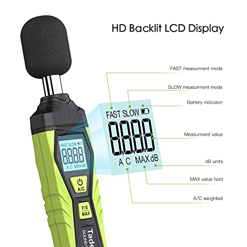Decibel Meter, Digital Sound Level Meter Portable SPL Meter 30dB to 130dB MAX Data Hold with LCD Display Backlight A/C Weighted for Home Factories