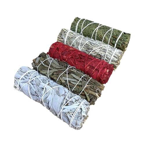 NessaStores 5 pcs Smudge Stick Sampler 1 Kit of White Sage, Black Sage, White Sage Dragon&#39;s Blood, Blue Sage, &amp; Cedar - 4 Inch Hand Tied, All Natural, Ethically Sourced for Home Cleansing JC-209