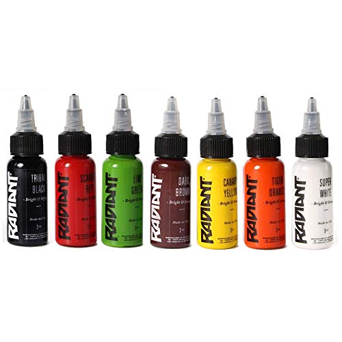 Tattoo Ink Set - 8 Primary 1oz / Tribal Black / Super White / Blue / Canary Yellow / Dark Brown / Scarlet Red / Tiger Orange / Medium Green
