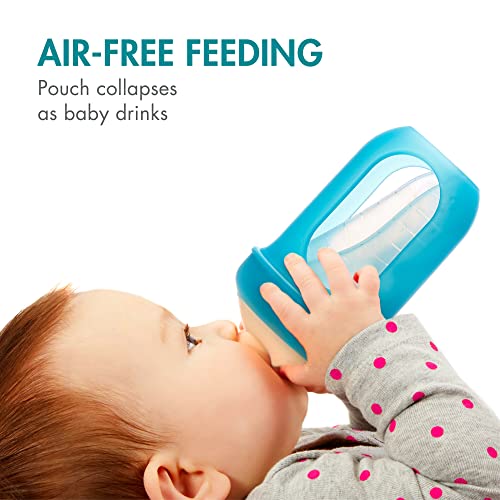 Boon Nursh Reusable Silicone Pouch Baby Bottles - Medium Flow Nipple - Silicone Baby Bottle Pouch and Nipple - Baby Feeding Essentials - Blue - 3-6 Months - 3 Count - 8 Ounce