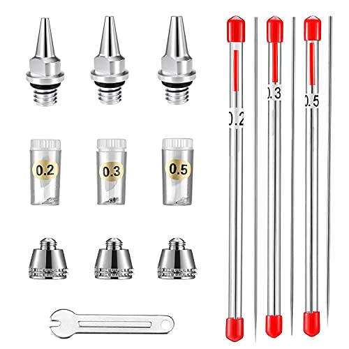 10 pcs Replacement Parts Kit with 0.2/0.3/0.5 mm Airbrush Nozzle ,Airbrush Needle,Airbrush Nozzle Cap,Mini Wrench for Airbrush Spray Gun Accessories
