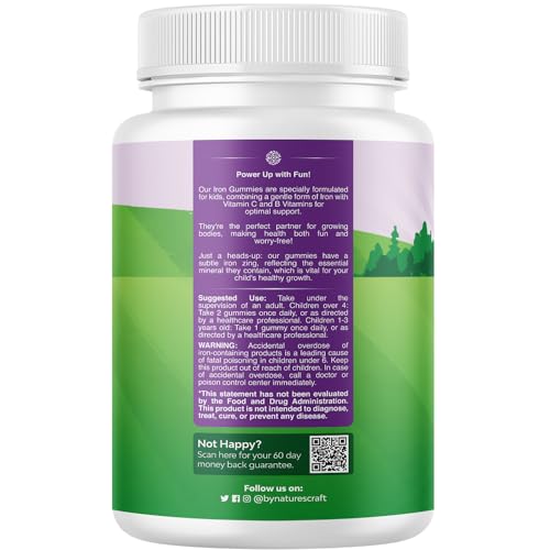 Kids Iron Gummies - Blood Builder Iron Supplements for Kids with Gentle for Stronger Immunity & Energy - Vitamin B12, Folate & Vitamin C Gummies - Vegan, GMO & Gluten Free for Toddlers - 60 Count