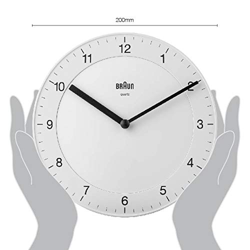 Braun Classic Analogue Wall Clock with Quiet Quartz Movement, Easy to Read, 20cm Diameter in White, Model BC06W.