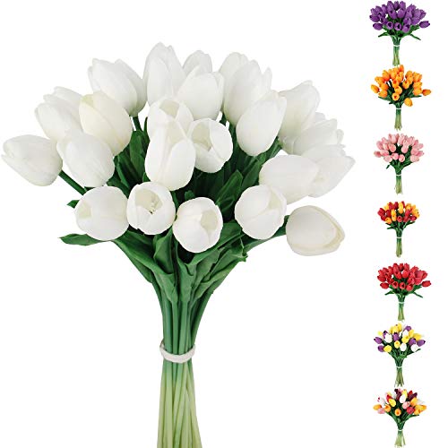 30pcs Artificial Tulips Flowers Fake Latex Tulip Stems - Real Touch Faux White Tulips Flower for Easter Spring Wedding Bouquet Centerpiece Floral Arrangement Cemetery Table Decor
