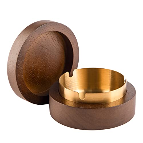 Wooden Ash Tray with Lid, Cute Ashtray for Cigarette Outdoor Patio, Ash Collection Tray with a Removable Stainless Steel Inner Liner for Home,Office,Indoor,Parties