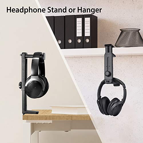 HS906 Headphone Stand & Hanger 2 in 1, Above & Under Desk Gaming Headset Holder Mount Hook with Height Adjustable & Rotating Clamp, Earphone Rack with Cable Clip