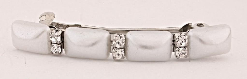 Traditional Auto Barrette Decorated With Five (5) Pearls And Crystal Rhinestones