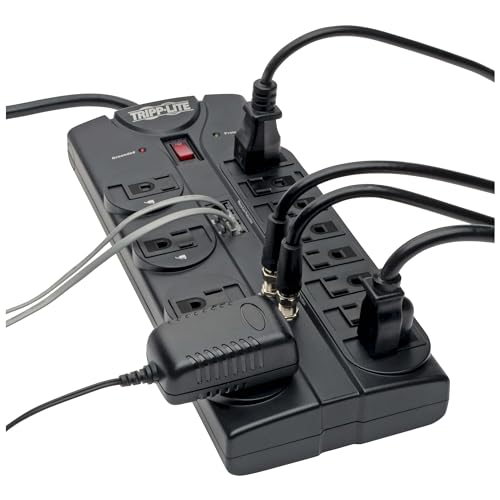 TLP1208TELTV 12 Outlet Surge Protector Power Strip, 8ft Cord, Right-Angle Plug, Tel/Modem/Coax Protection, RJ11, &amp; Dollar 150,000 Insurance Black