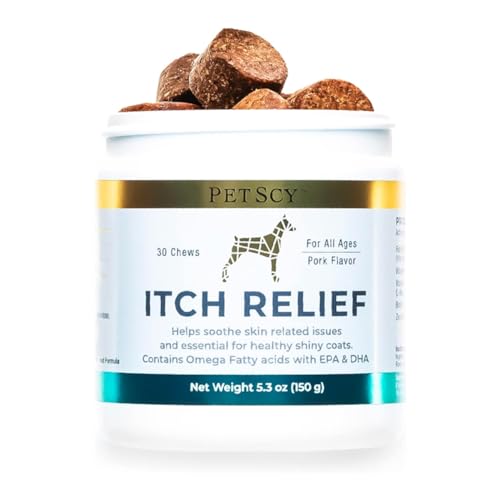 PetScy Dog Itch Relief Chews with Omega 3 Fatty Acids, EPA & DHA | Itch Relief for Dogs Nutritional Support, Immunity & Muscles | Itchy Skin Treatment for Dogs of All Ages, Pork Flavor - 30 Chews