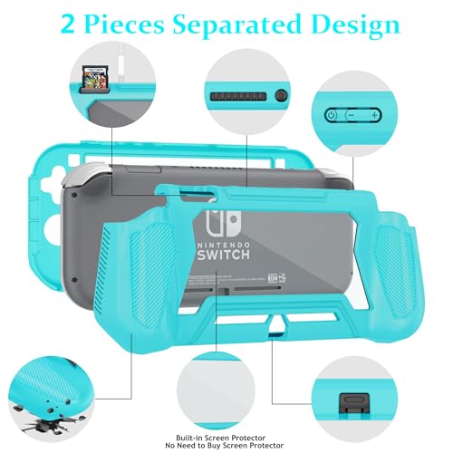 Switch Lite Case Protective Case for Nintendo Switch Lite, Case Compatible with Nintendo Switch Lite Hand Grip Case with Detachable TPU+Built-in PC Screen Protector &amp; 2 x Thumb Grip Caps,Turquoise