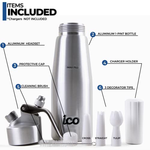 ICO Professional Aluminum Whipped Cream Dispenser for Homemade Whipping Cream, Desserts, Dips, Sauces, and Infused Liquors, Whipped Cream Maker for use with Whip Cream Charger, Silver, 1-Pint
