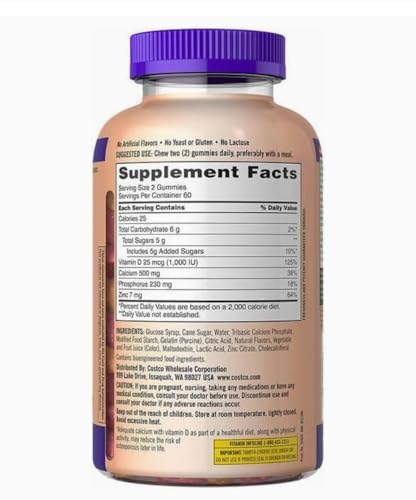 Kirkland Signature Chewable Calcium with Vitamin D3 Adult Gummies, 120 ct x 1 Bottle