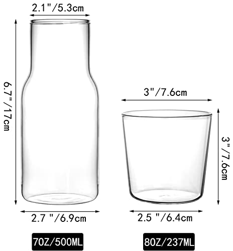 YOUEON 4 Pcs 17 Oz Bedside Water Carafe and Glass Set, Water Carafe with Glass Cup for Nightstand, Glass Mouthwash Bottle, Clear Juice Pitcher, Carafe with Cup for Kitchen, Bedroom or Bathroom