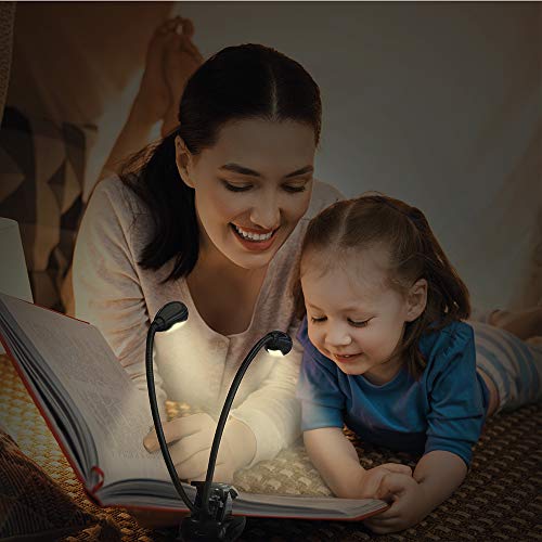 Dual Heads Rechargeable Book Light for Reading at Night in Bed, Warm Reading Light with Clamp, 180° Adjustable Mini Clip on Light, Lightweight Eye Care Book Light Perfect for Readers