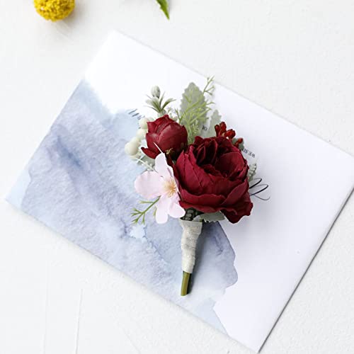 2Pcs Artificial Flowers Wrist Corsage and Boutonniere Set, Groom Groomsmen Bride Bridesmaids Wedding Flowers Accessories Prom Party Suit Decorations - Wine Red