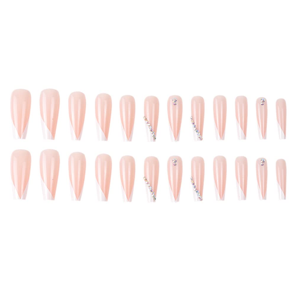 Bowknot Fake Nails Bow False Nails Long Coffin Fake Nails French Press on Nails Stick on Nails Full Cover Ballerina Acrylic Nails for Women and Girls (24Pcs) (Diamond Fake Nails-D)