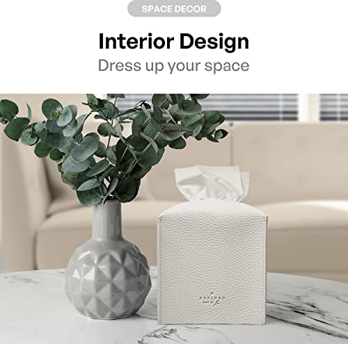 Carrotez Tissue Box Cover, Refined Modern PU Leather Square Holder - Decorative Holder/Organizer for Bathroom Vanity Countertop, Night Stands, Office Desk &amp; Car 5X5X5 White