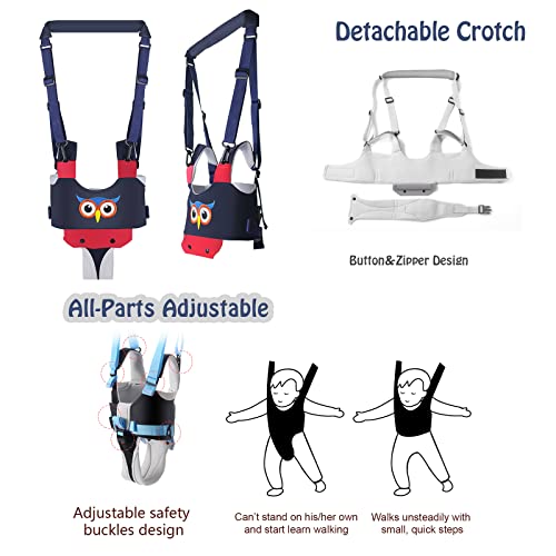 Handheld Baby Walking Harness Kids Walking Learning Helper for Boys Girls Adjustable Baby Walker Safety Harness Assistant Belt for Toddler Infant Child 7-24 Month (Dark Blue-Owl)