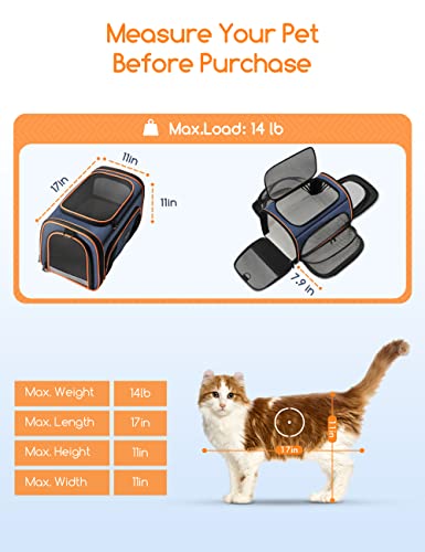 Cat Carrier, Airline Approved Pet Carrier, 3 Sides Expandable Dog Carrier with Fleece Pad, 3 Doors for Cats, Dogs, Puppy and Small Animals
