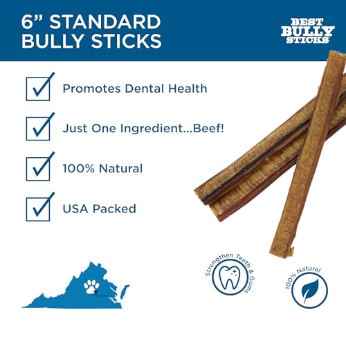 6 Inch All-Natural Bully Sticks for Dogs - 6” Easily Digestible, 100% Grass-Fed Beef, Grain and Rawhide Free | 25 Pack