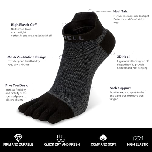 Cotton Toe Socks Five Finger Socks No Show Crew Athletic Running Socks 4 Pairs,Size 7-11