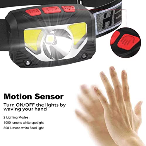 Rechargeable LED Headlamp Flashlight, 2-Pack 1000 Lumen Super Bright Motion Sensor Head Lamp, IPX5 Waterproof, Bright White Cree Led &amp; Red Light Perfect for Running, Camping, Hiking &amp; More