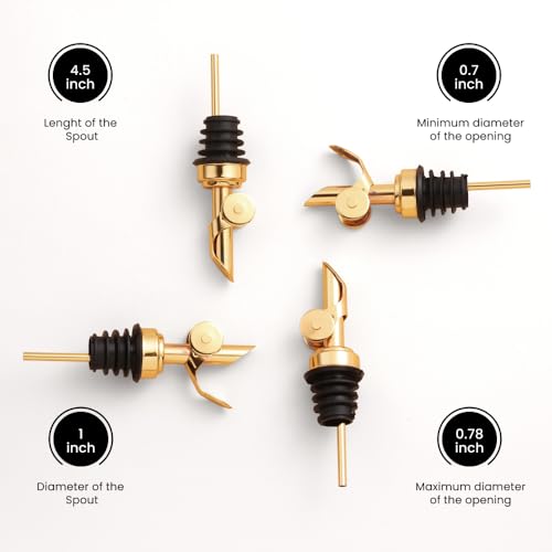 Liquor Pour Spout Made of Stainless Steel with Automatic Anti-Oxidation Mechanism, Bottle Pourers for Alcohol, Olive Oil Dispenser Spout, Wine Pourer Spout, Oil Bottle Spout, Pack of 4, Gold