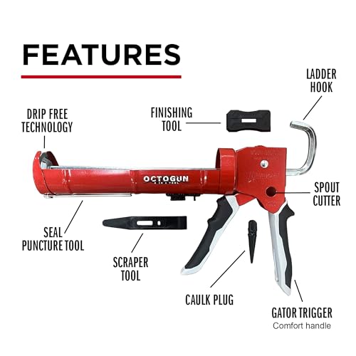 Octogun 930-GTD Drip-Free Caulking Gun - Gator Trigger Grip | Fits 1/10 Gallon Cartridge |10:1 Thrust Ratio | Smooth Hex Rod Cradle with Built-in Smoother Tool | Scraper &amp; Plug Included