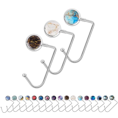 Purse Hook Set of 3 - Hanger Table Hanger Holder Womens Bag Storage (long3-Marble)