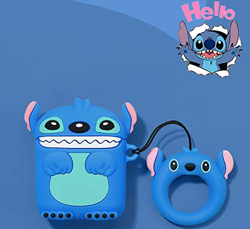 Compatible with Airpods 1&amp;2 Case,Cute Cartoon Character Silicone Air pod Funny Cover,Kawaii Fun Cool Keychain Design Skin,Fashion Cases for Girls Kids Teens Boys Airpods(3D Blue Stitch)