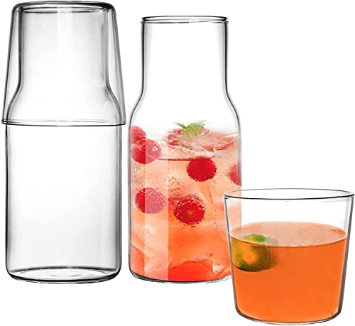 YOUEON 4 Pcs 17 Oz Bedside Water Carafe and Glass Set, Water Carafe with Glass Cup for Nightstand, Glass Mouthwash Bottle, Clear Juice Pitcher, Carafe with Cup for Kitchen, Bedroom or Bathroom