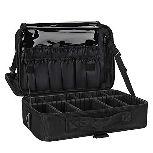 Makeup Bag Travel Makeup Train Case 13.8 inches Large Cosmetic Case Professional Portable Makeup Brush Holder Organizer and Storage with Adjustable Dividers and Shoulder Strap Black