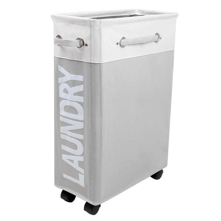 Slim rolling Laundry hamper Narrow cloth hamper Skinny laundry hamper with Wheels Waterproof Clothes hamper Fabric baskets for laundry(Beige plus light grey)