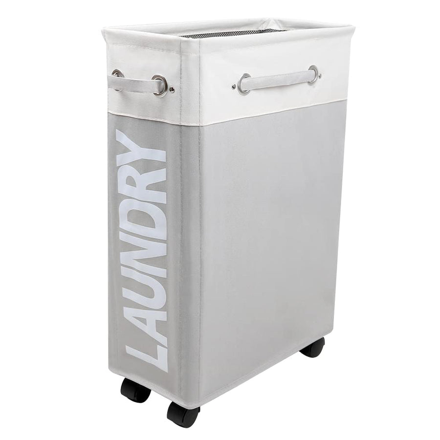 Slim rolling Laundry hamper Narrow cloth hamper Skinny laundry hamper with Wheels Waterproof Clothes hamper Fabric baskets for laundry(Beige plus light grey)