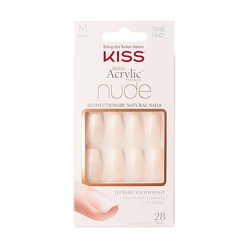 Salon Acrylic French Manicure Set, ‘Leilani’, Medium Length, Nude Square Press-On Nails, Includes Pink Gel Nail Glue 0.07 Oz, Mini Nail File, Manicure Stick, and 28 Fake Nails, 31 Piece Set