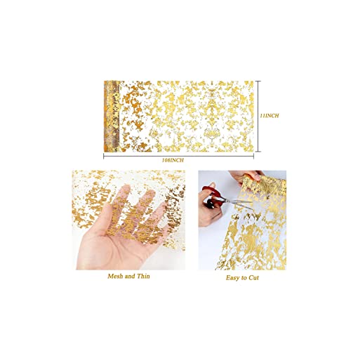 Gold Table Runner 2 Pieces, Sequin Glitter Foil Metallic Mesh Gold Table Runners Roll 11x108 Inch, Gold Table Decorations for Wedding, Event Party, Birthday Party